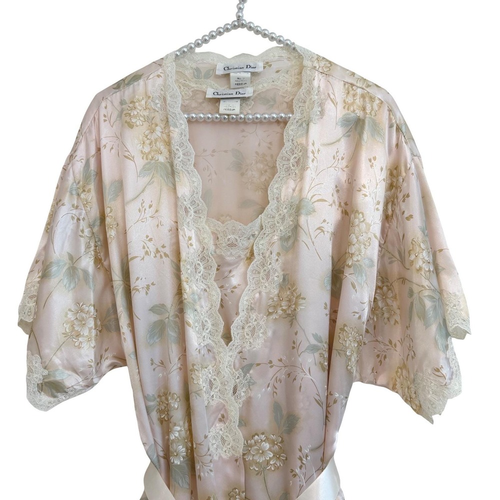 Christian Dior Vintage Peach Floral Satin Nightgown and Robe Set Lace Trim M 90s - Picture 12 of 12